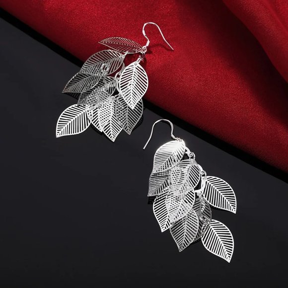 Gorgeous Hanging Leaf's .925 Sterling Silver 3 Inch Hypoallergenic Hook Earrings - Picture 4 of 7
